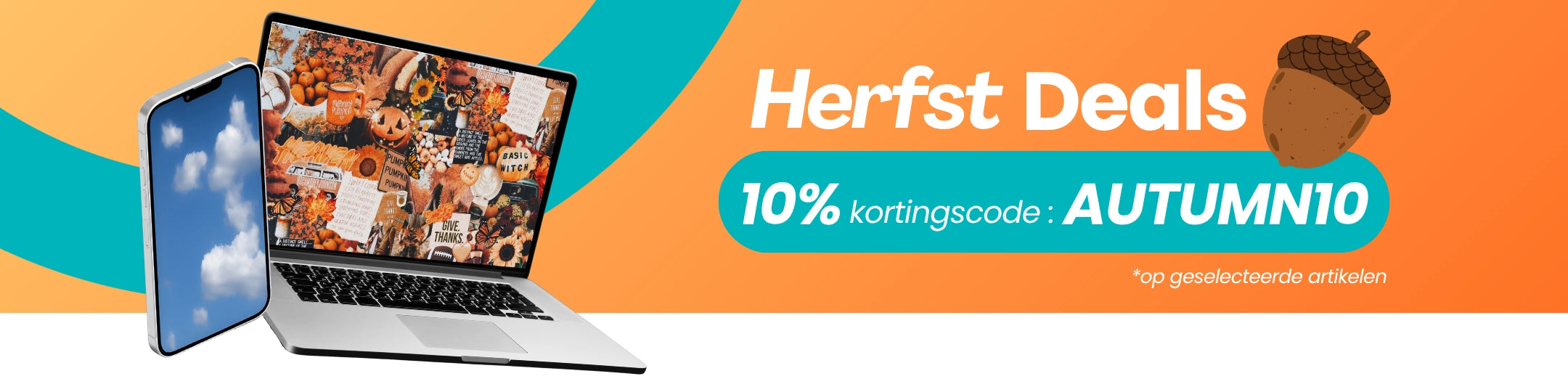 Banner met herfstdeals bij Back in Use met 10% korting op geselecteerde refurbished artikelen.