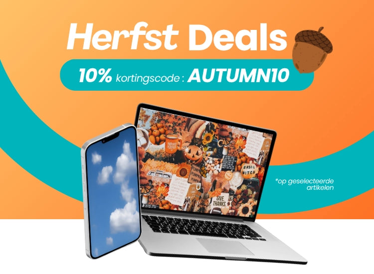 Banner met herfstdeals bij Back in Use met 10% korting op geselecteerde refurbished artikelen.